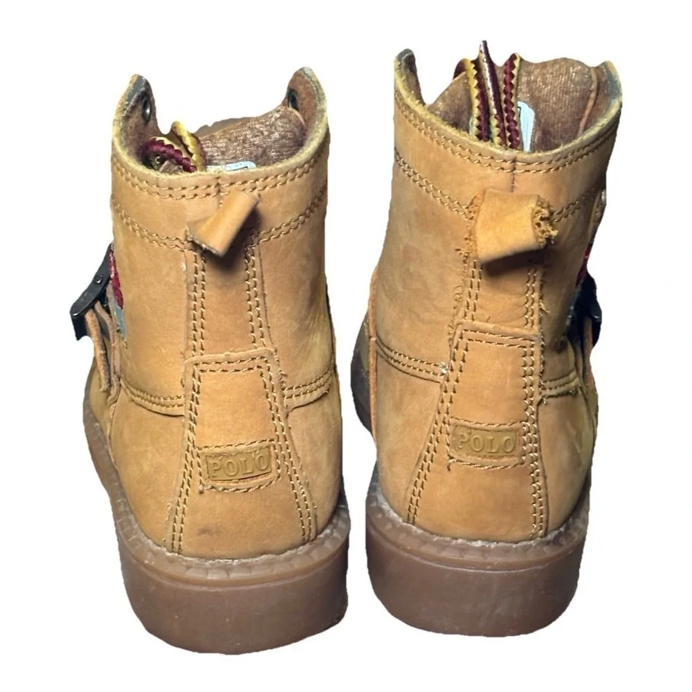Polo Ralph Lauren Kids Leather Boots Tan Bear Patch Buckle Lace Up Toddler Sz 5